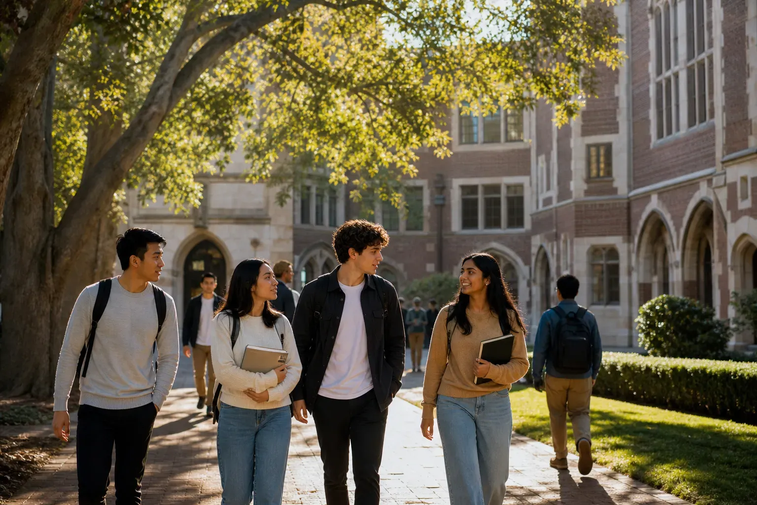 A beautiful and sunny university campus with students walking
