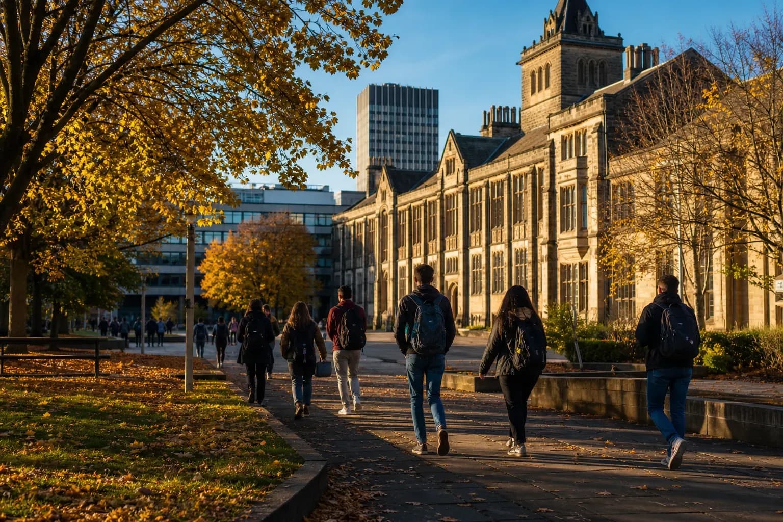 A realistic campus photograph of the iconic landmarks of University of Sheffield with students walking
