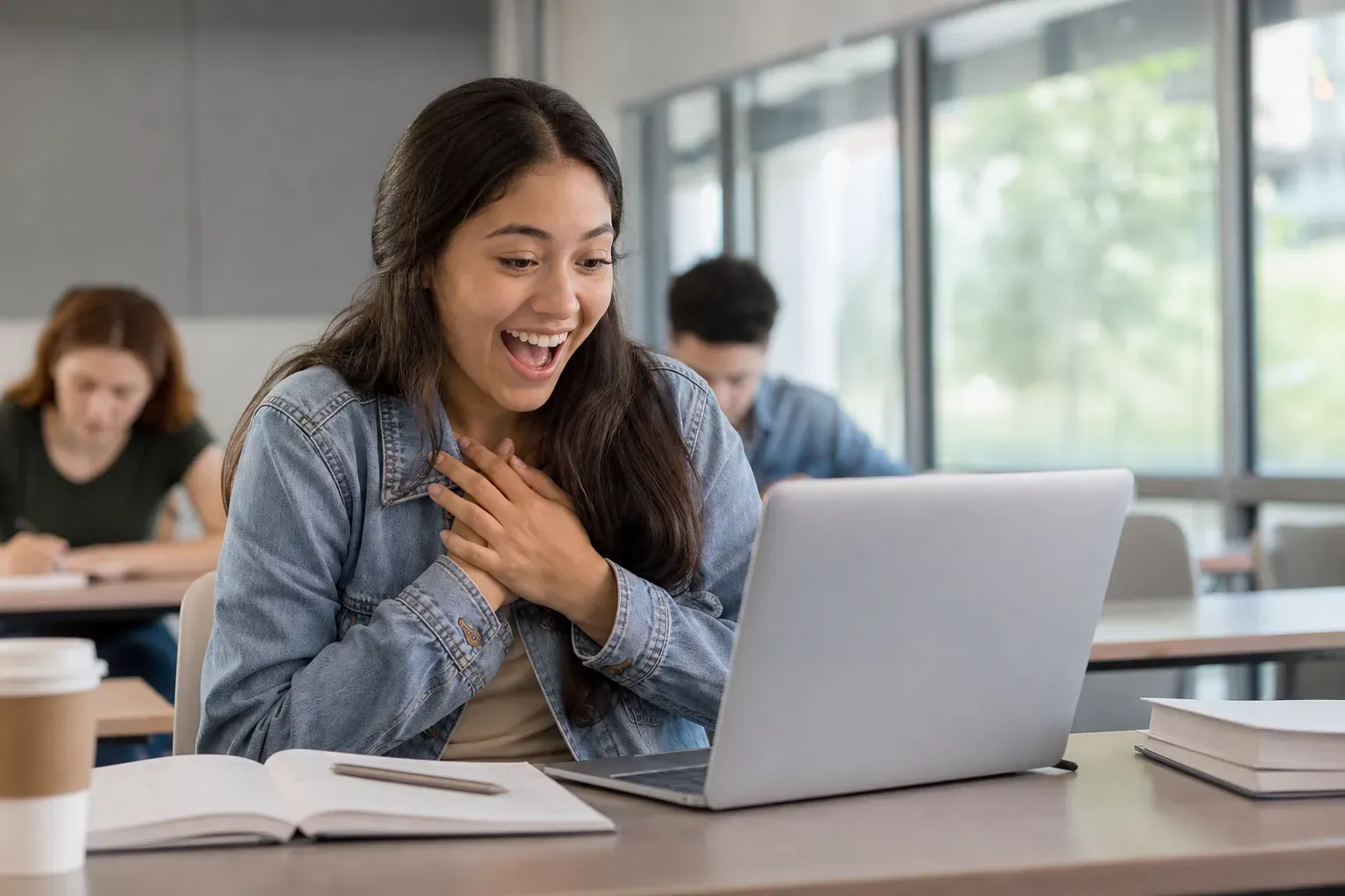 A joyful student receiving a scholarship award letter on a laptop in a bright classroom