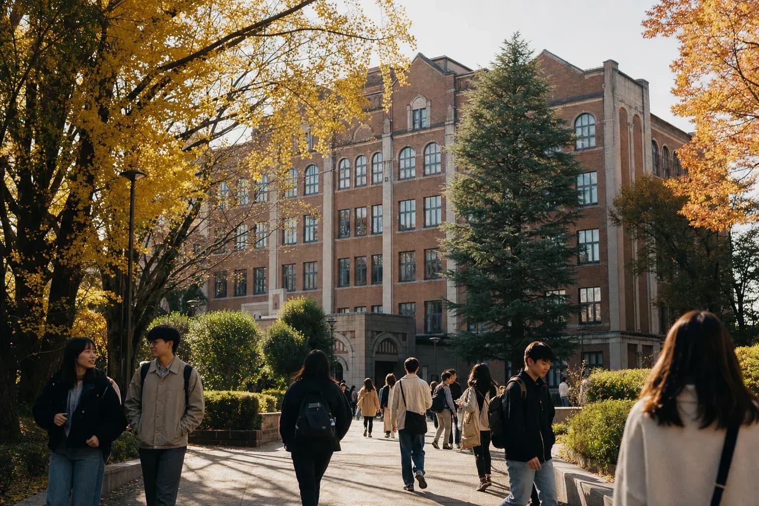 A realistic campus photograph of the iconic landmarks of Sophia University with students walking