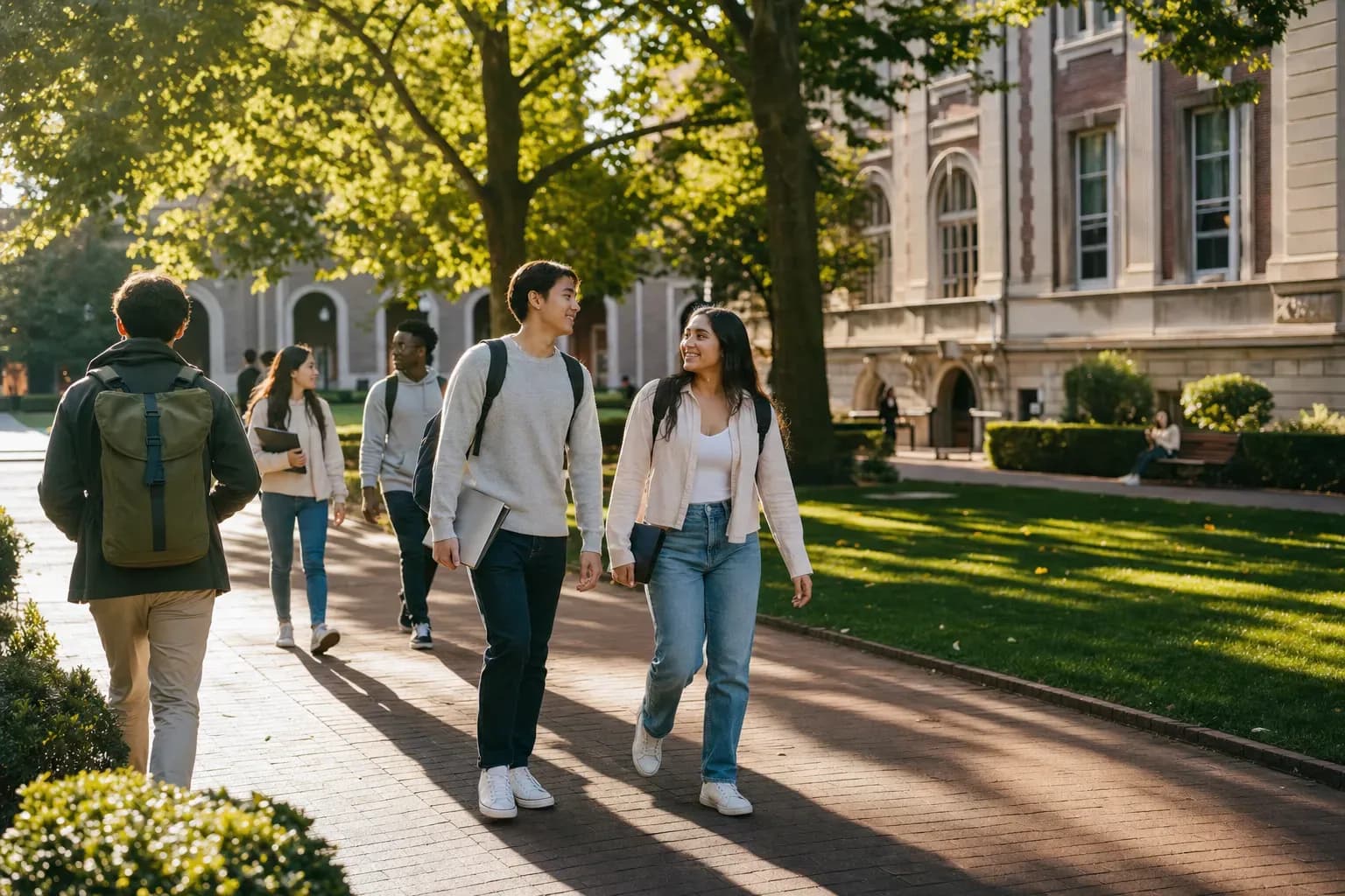 A beautiful and sunny university campus with students walking