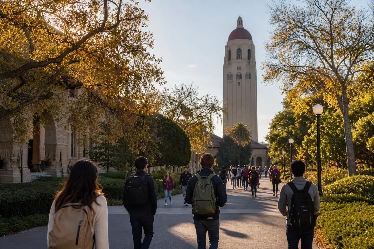 A realistic campus photograph of the iconic landmarks of Stanford University with students walking
