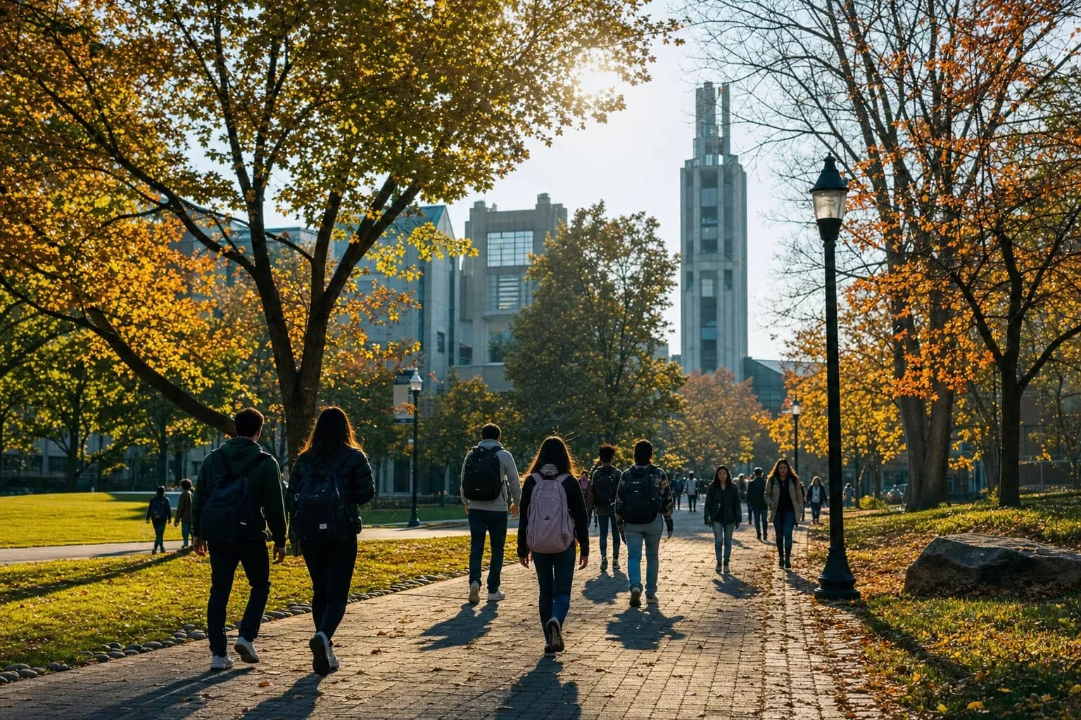 A realistic campus photograph of the iconic landmarks of Stony Brook University with students walking