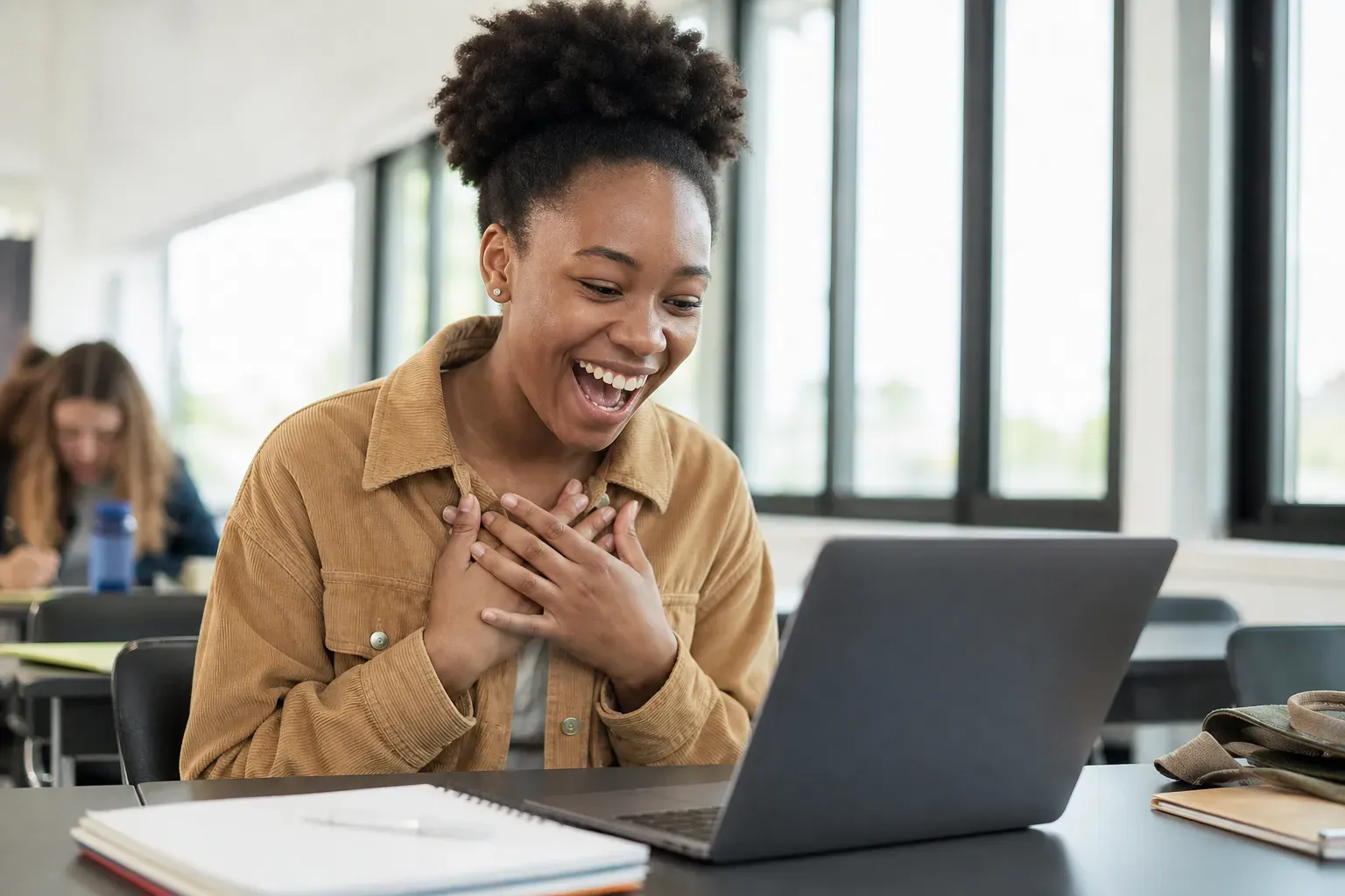 A joyful student receiving a scholarship award letter on a laptop in a bright classroom
