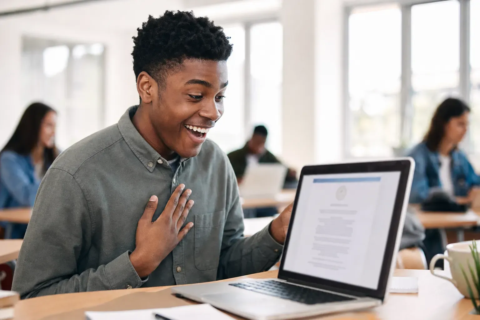 A joyful student receiving a scholarship award letter on a laptop in a bright classroom