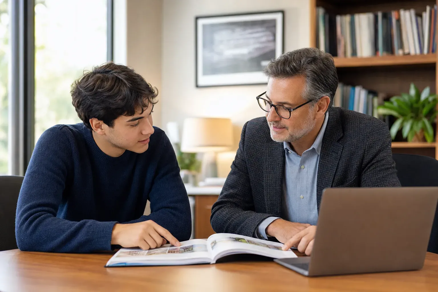 A student and a counselor discussing college application strategies in a modern office