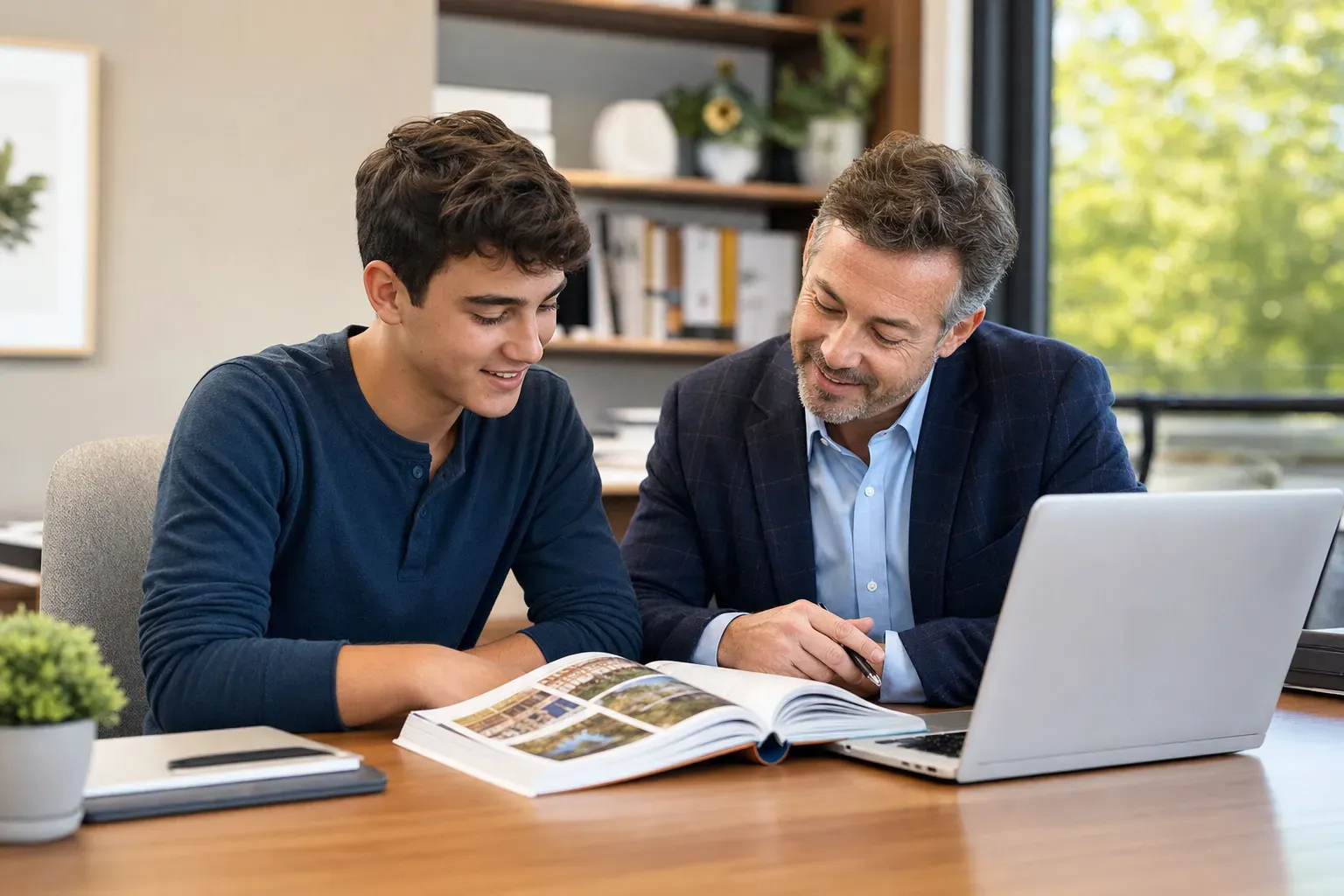 A student and a counselor discussing college application strategies in a modern office
