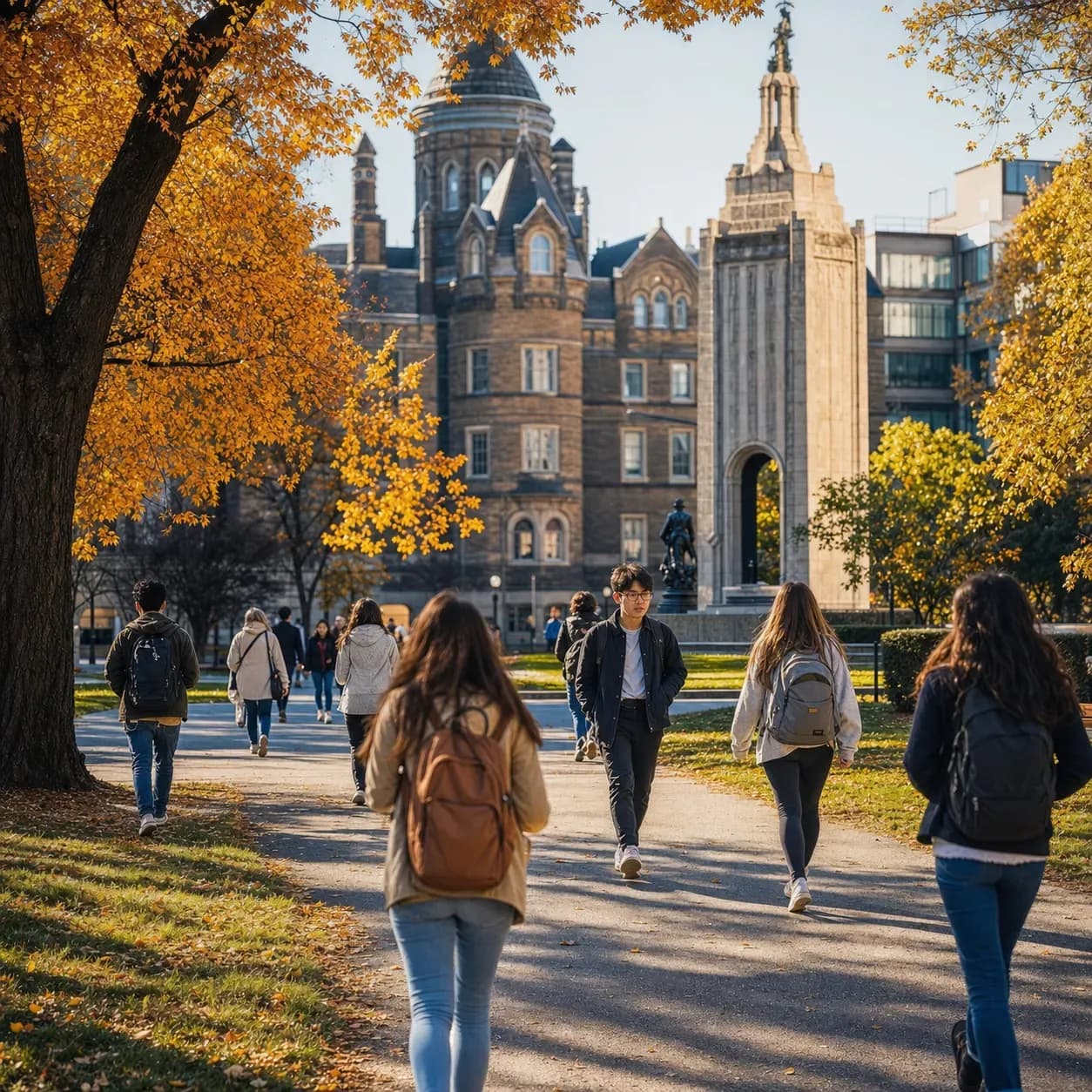 A realistic campus photograph of the iconic landmarks of Toronto Metropolitan University (TMU) with students walking