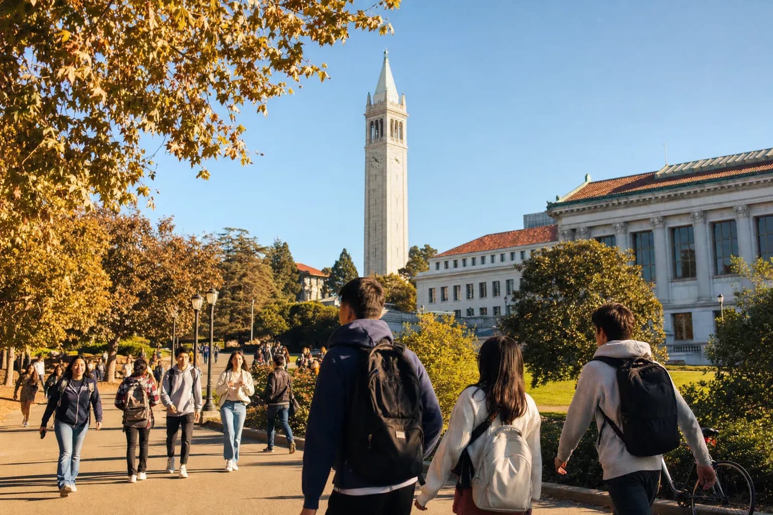 A realistic campus photograph of the iconic landmarks of UC Berkeley with students walking