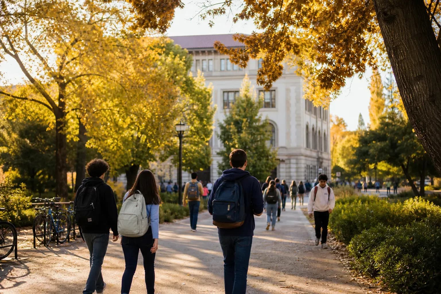 A realistic campus photograph of the iconic landmarks of UC Davis with students walking