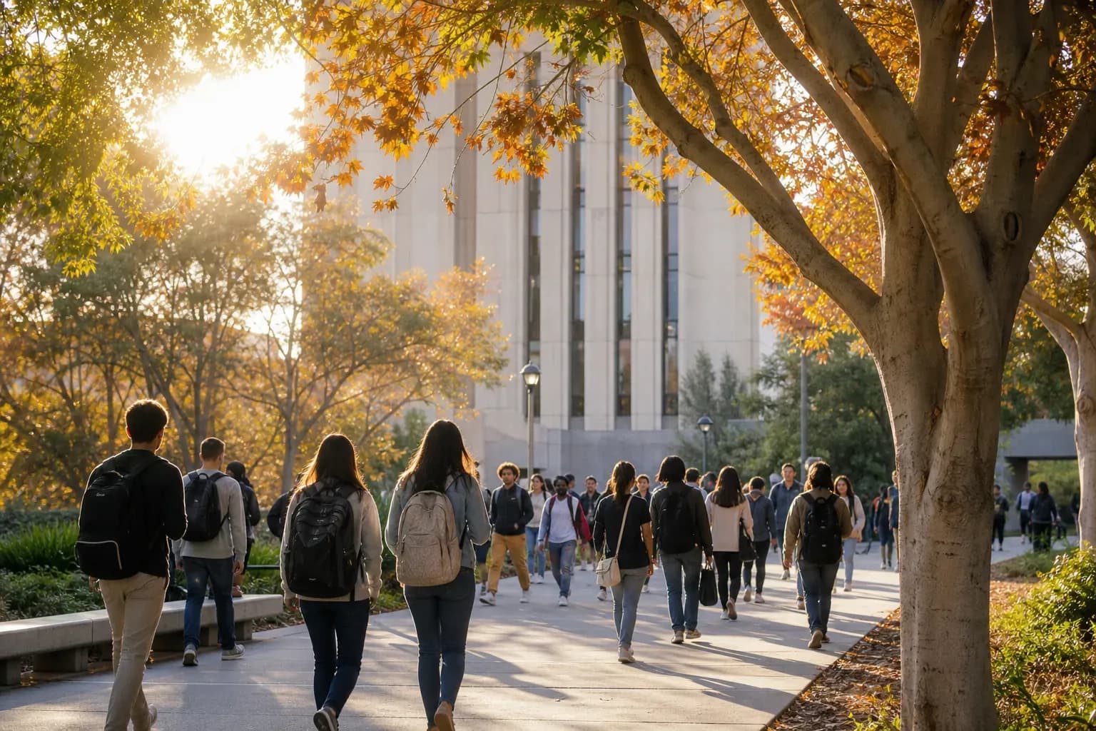 A realistic campus photograph of the iconic landmarks of UC Irvine with students walking