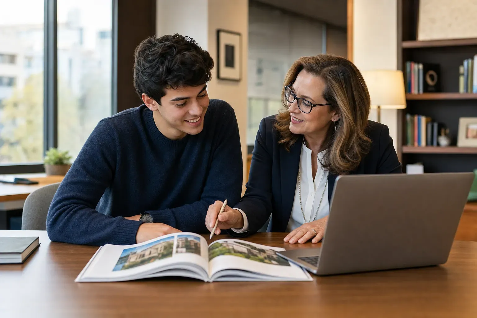 A student and a counselor discussing college application strategies in a modern office
