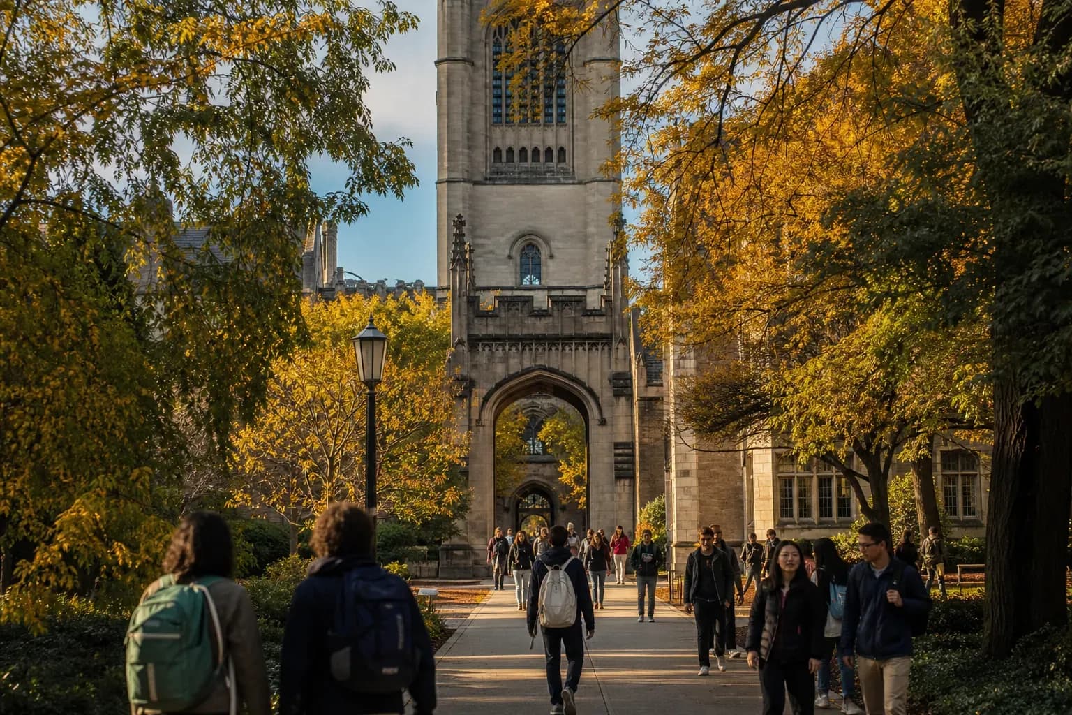 A realistic campus photograph of the iconic landmarks of University of Chicago with students walking