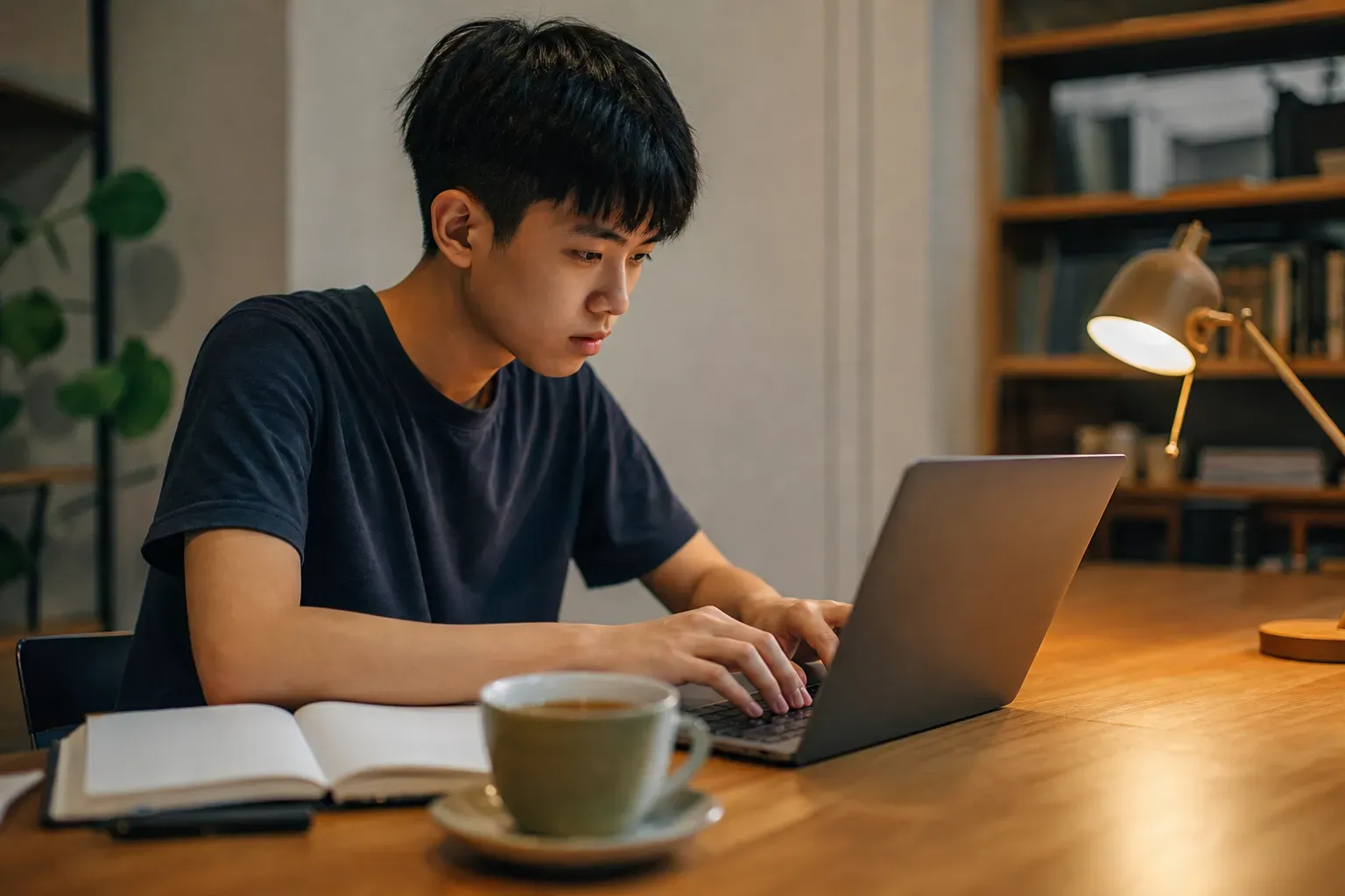 A focused student writing a college application essay on a laptop in a cozy study room