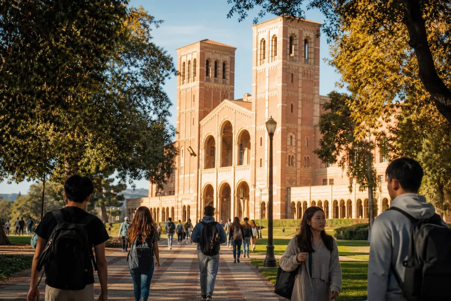 A realistic campus photograph of the iconic landmarks of UCLA with students walking