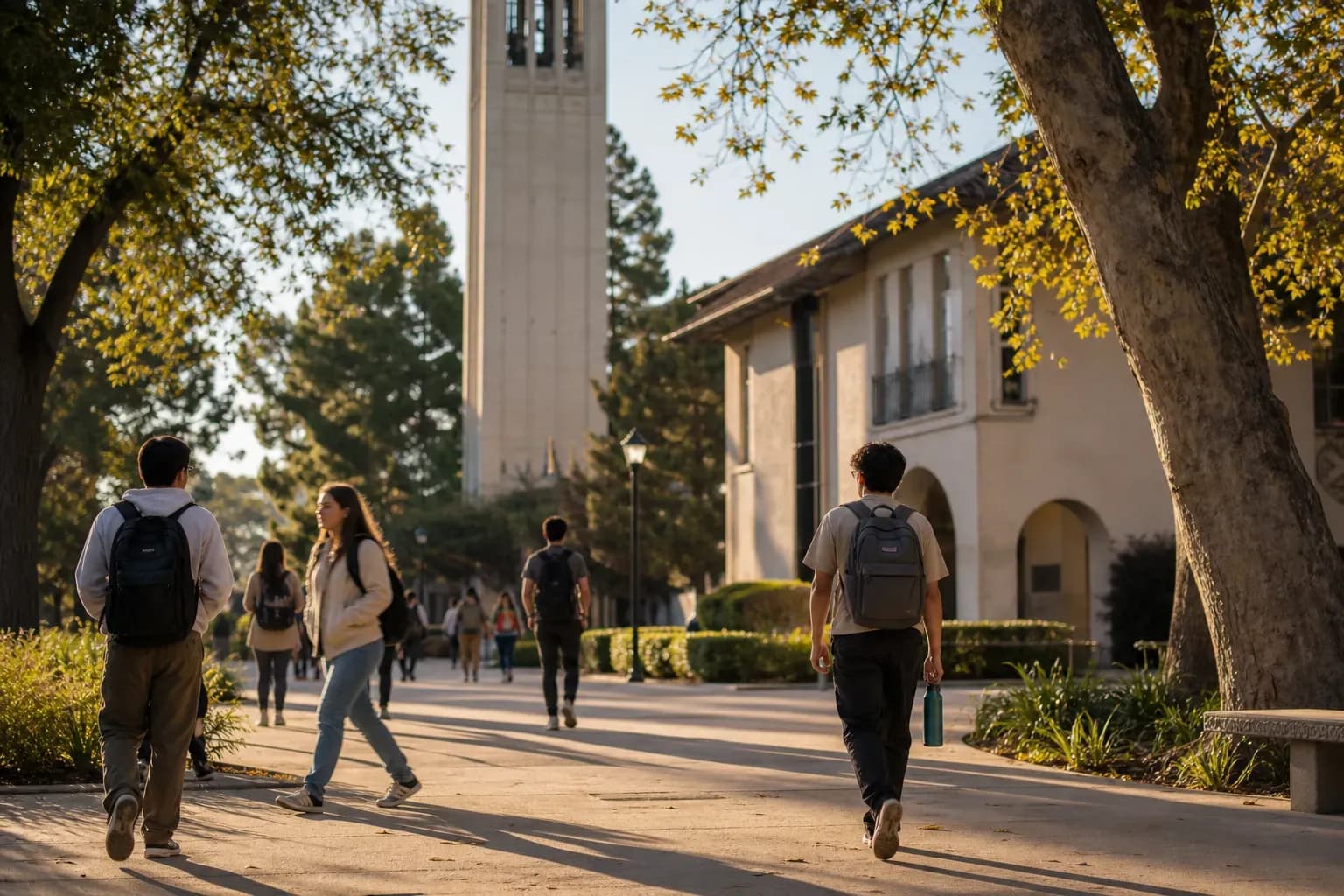 A realistic campus photograph of the iconic landmarks of UC Santa Barbara with students walking