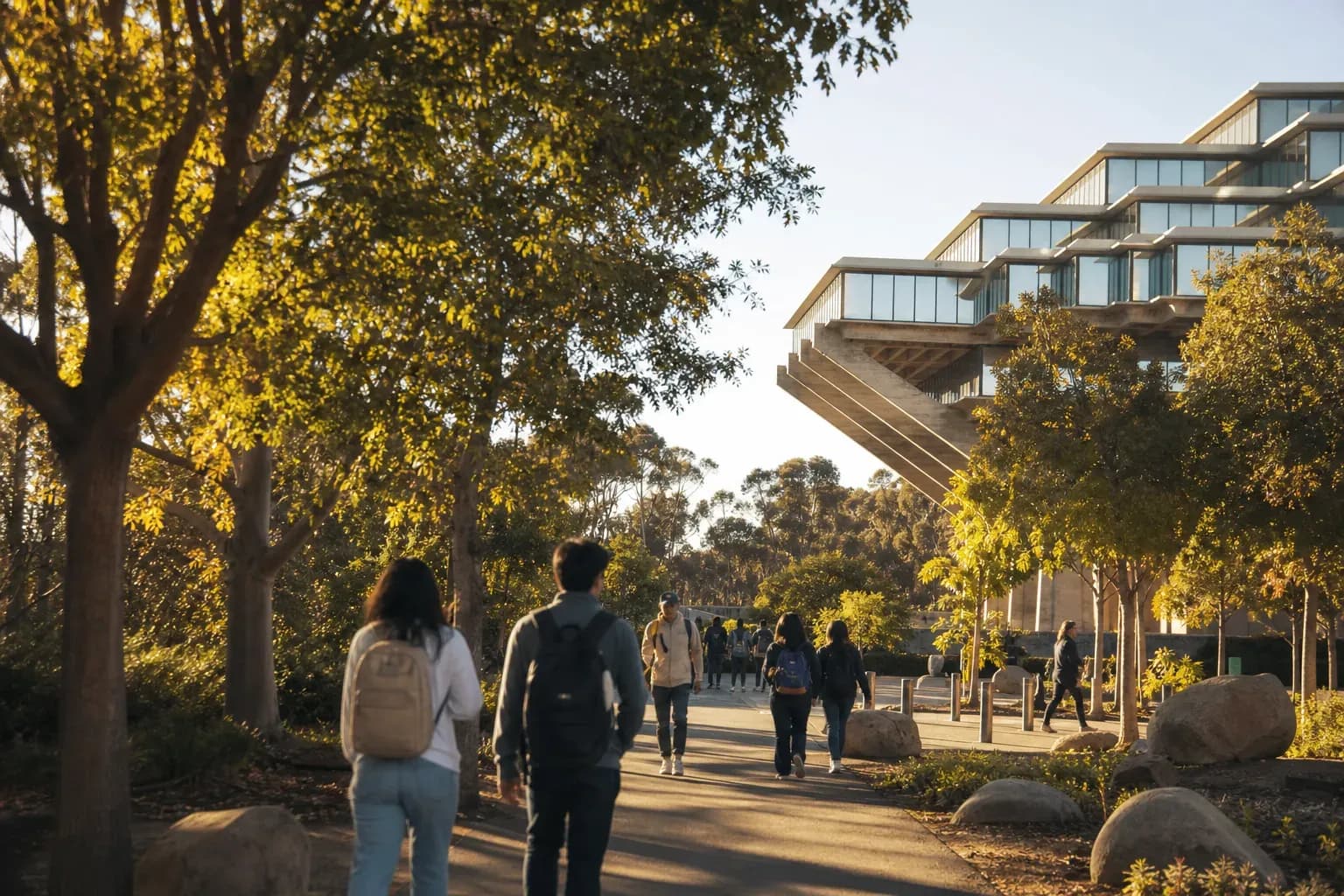 A realistic campus photograph of the iconic landmarks of UC San Diego with students walking
