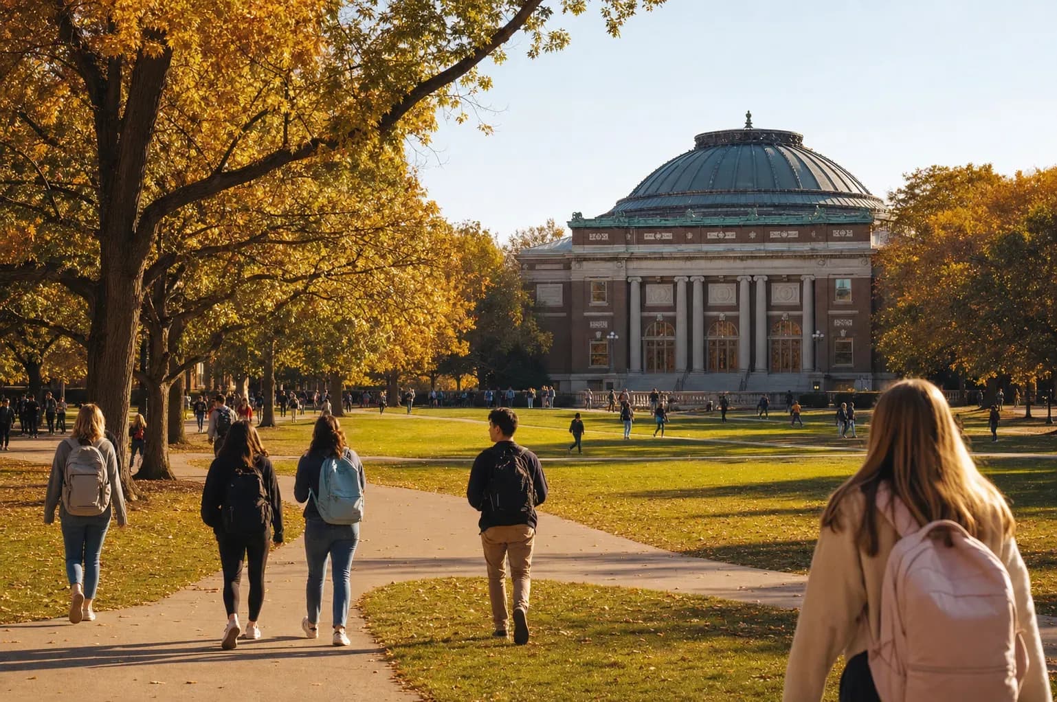 A realistic campus photograph of the iconic landmarks of UIUC University of Illinois Urbana-Champaign with students walking