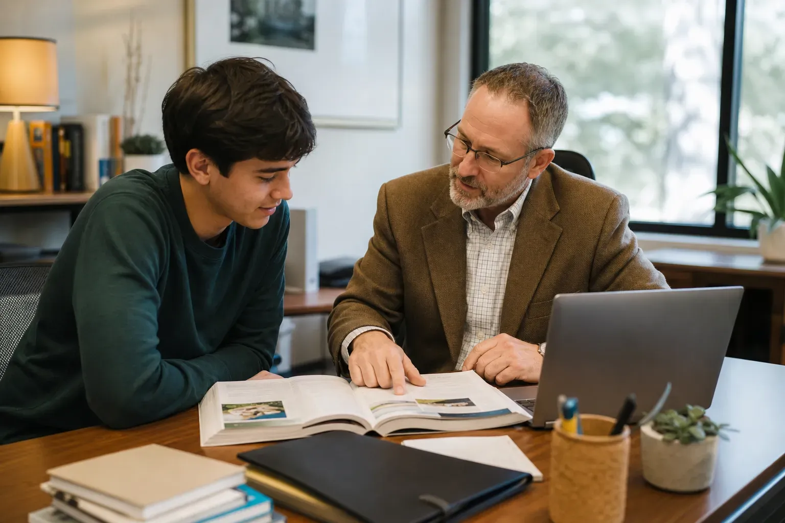 A student and a counselor discussing college application strategies in a modern office