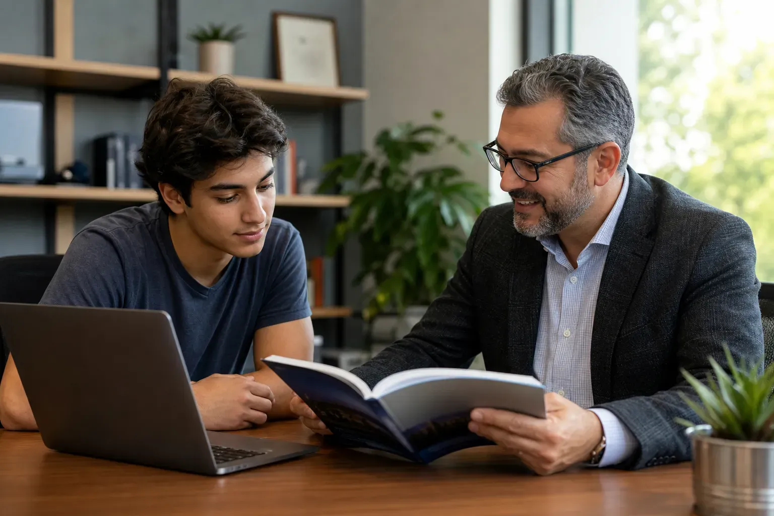 A student and a counselor discussing college application strategies in a modern office