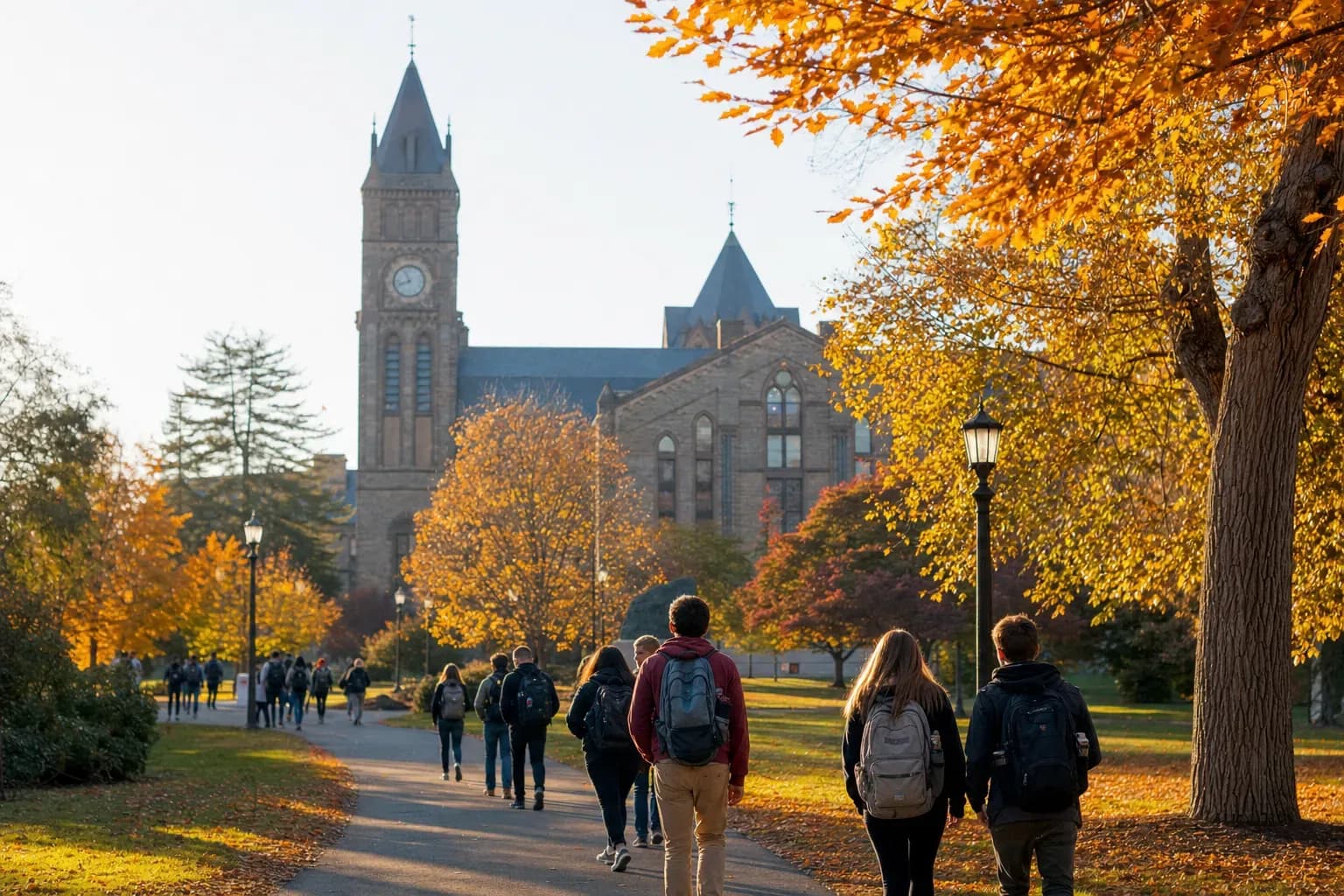 A realistic campus photograph of the iconic landmarks of UMass Amherst with students walking