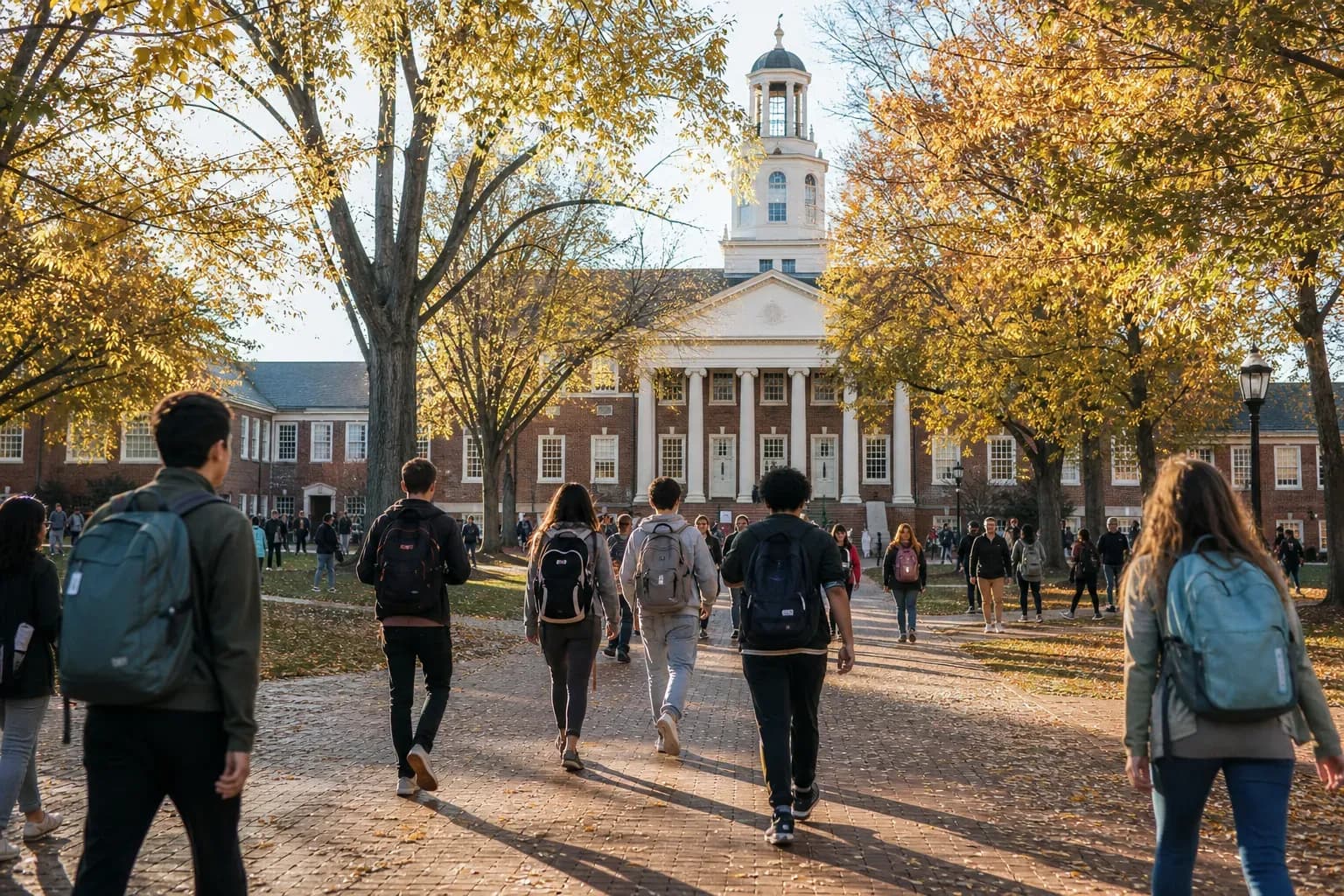 A realistic campus photograph of the iconic landmarks of UMD University of Maryland with students walking