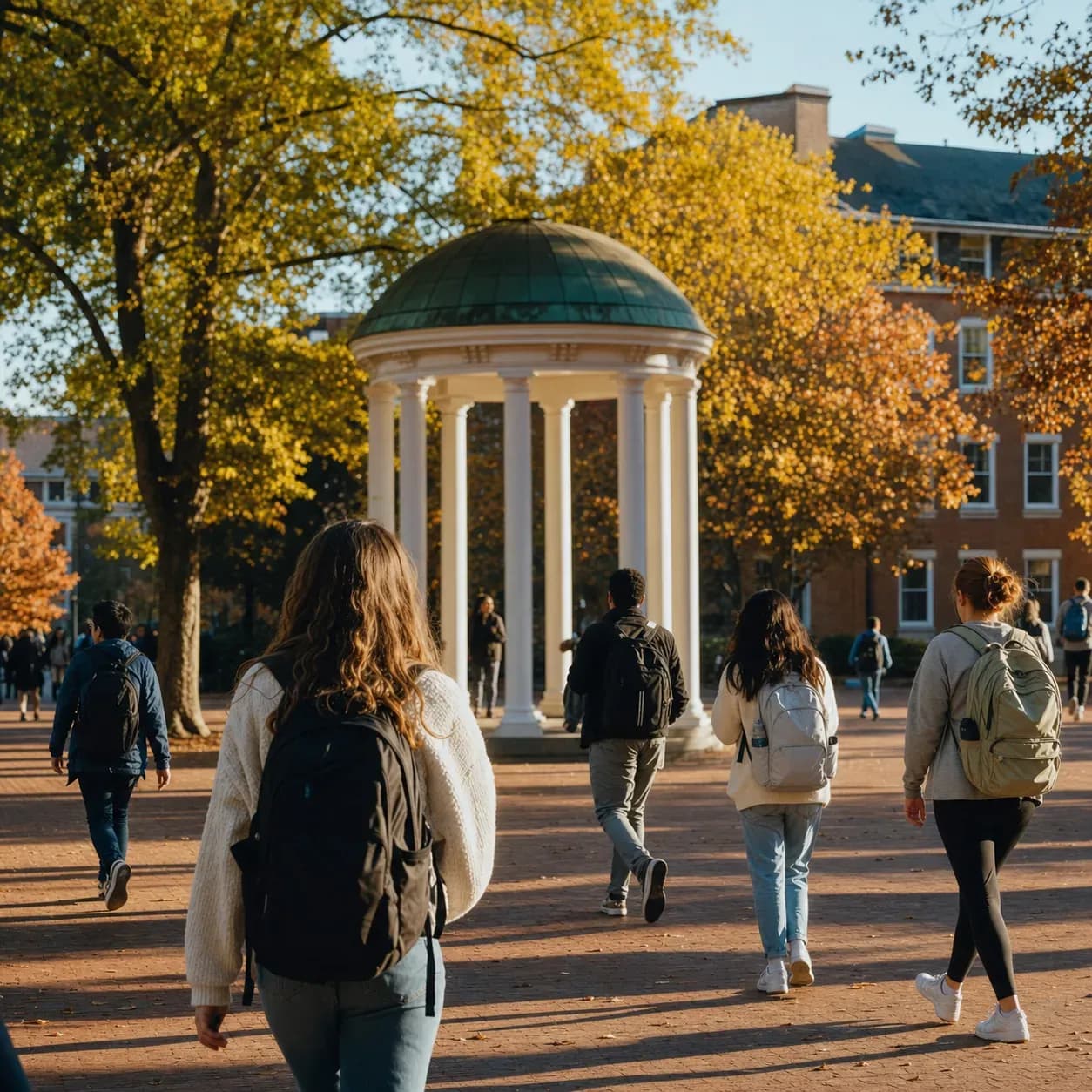 A realistic campus photograph of the iconic landmarks of UNC Chapel Hill with students walking
