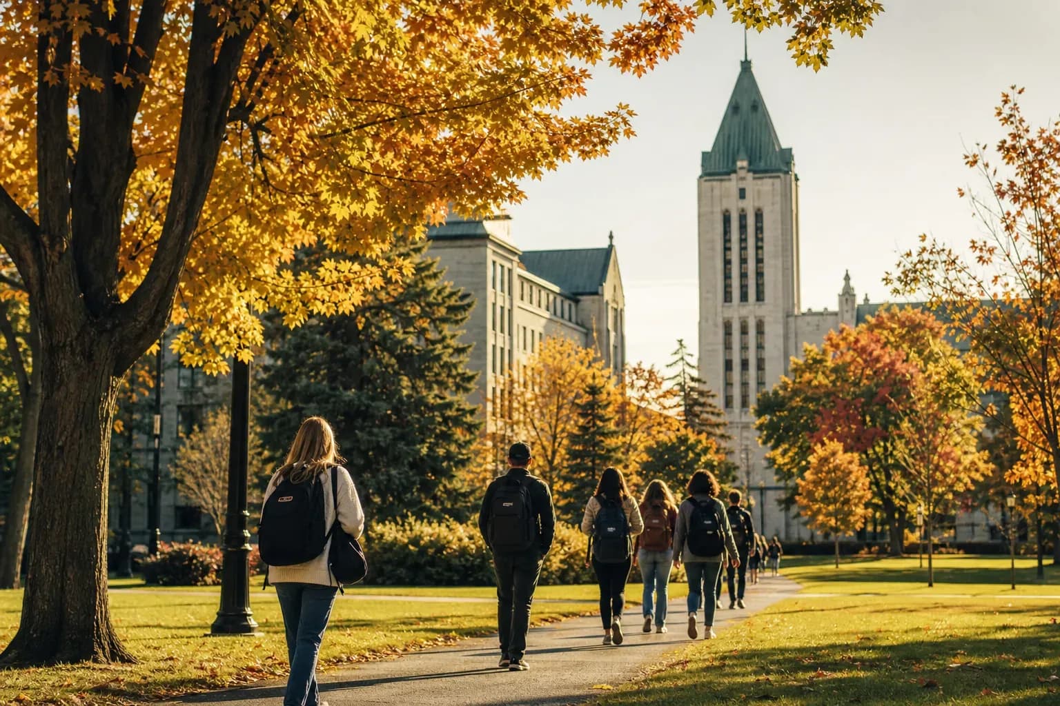 A realistic campus photograph of the iconic landmarks of Université Laval with students walking