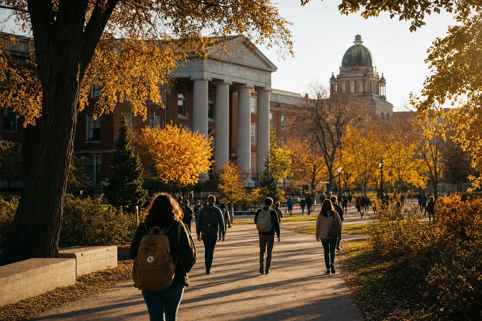 A realistic campus photograph of the iconic landmarks of University of Alberta with students walking