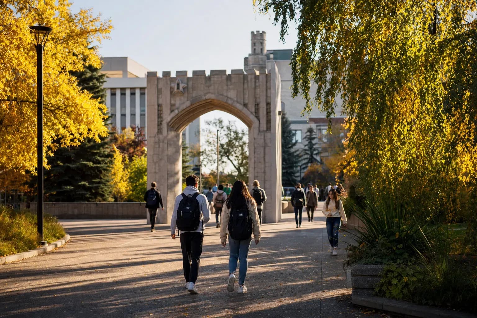 A realistic campus photograph of the iconic landmarks of University of Calgary with students walking