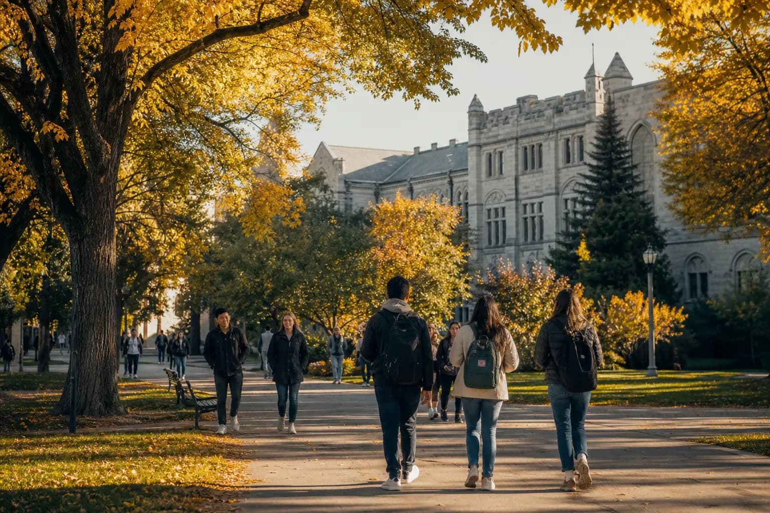 A realistic campus photograph of the iconic landmarks of University of Manitoba with students walking