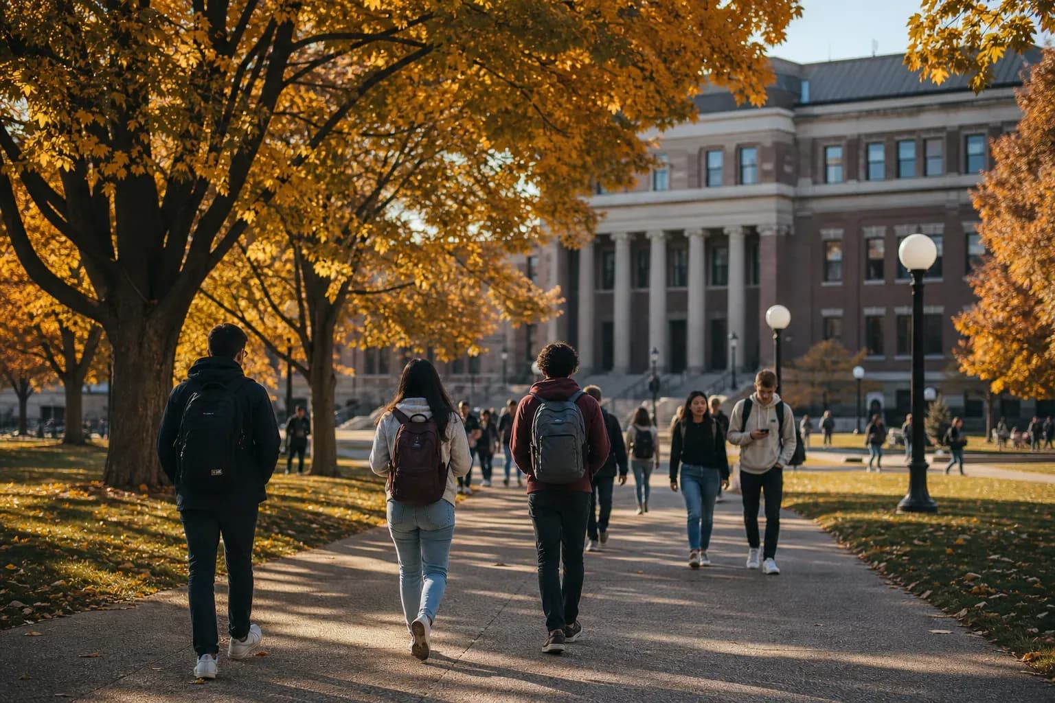 A realistic campus photograph of the iconic landmarks of University of Minnesota Twin Cities with students walking