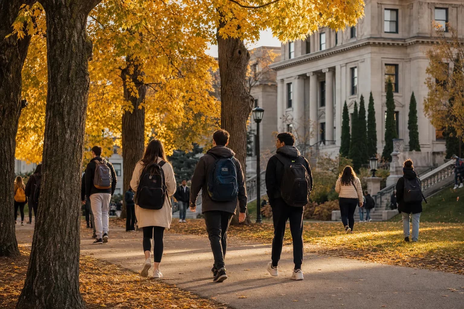 A realistic campus photograph of the iconic landmarks of University of Ottawa with students walking