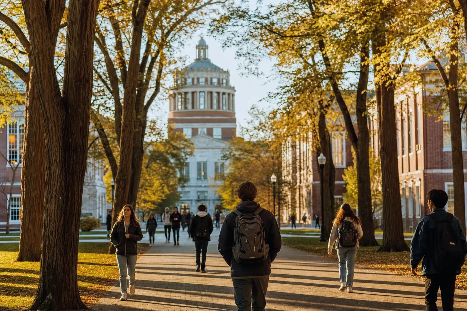 A realistic campus photograph of the iconic landmarks of University of Rochester with students walking