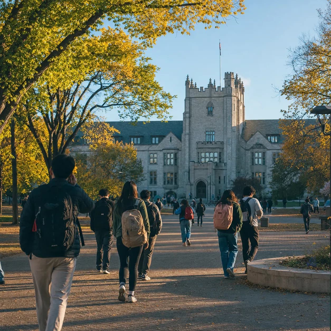 A realistic campus photograph of the iconic landmarks of University of Saskatchewan with students walking