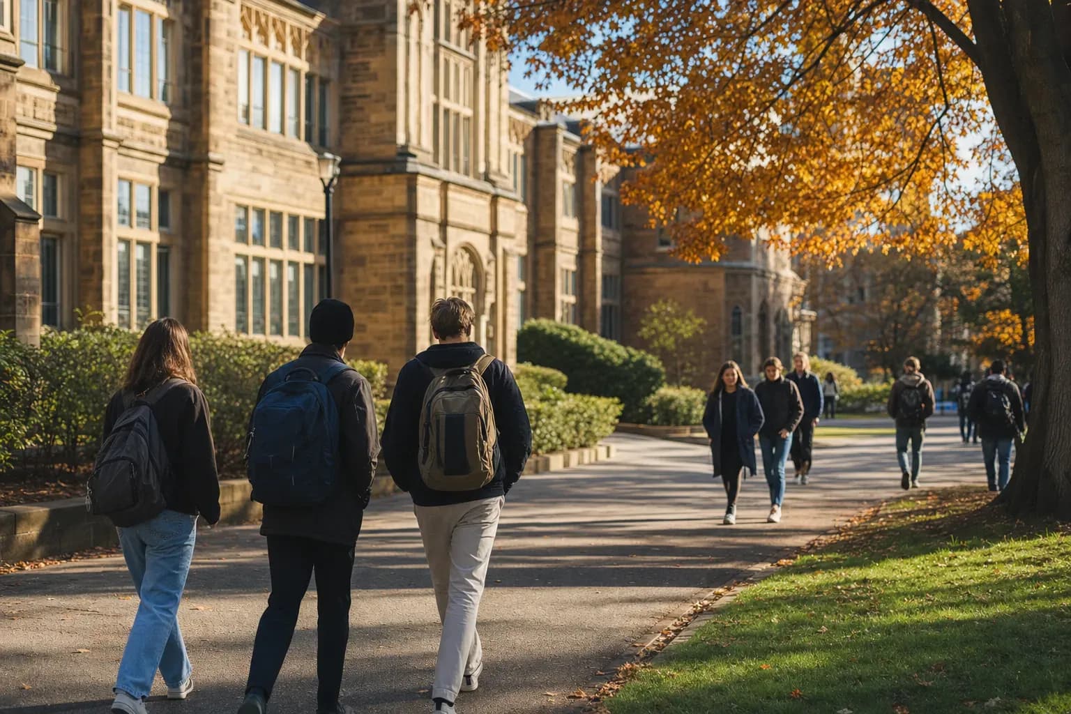 A realistic campus photograph of the iconic landmarks of University of Tasmania with students walking