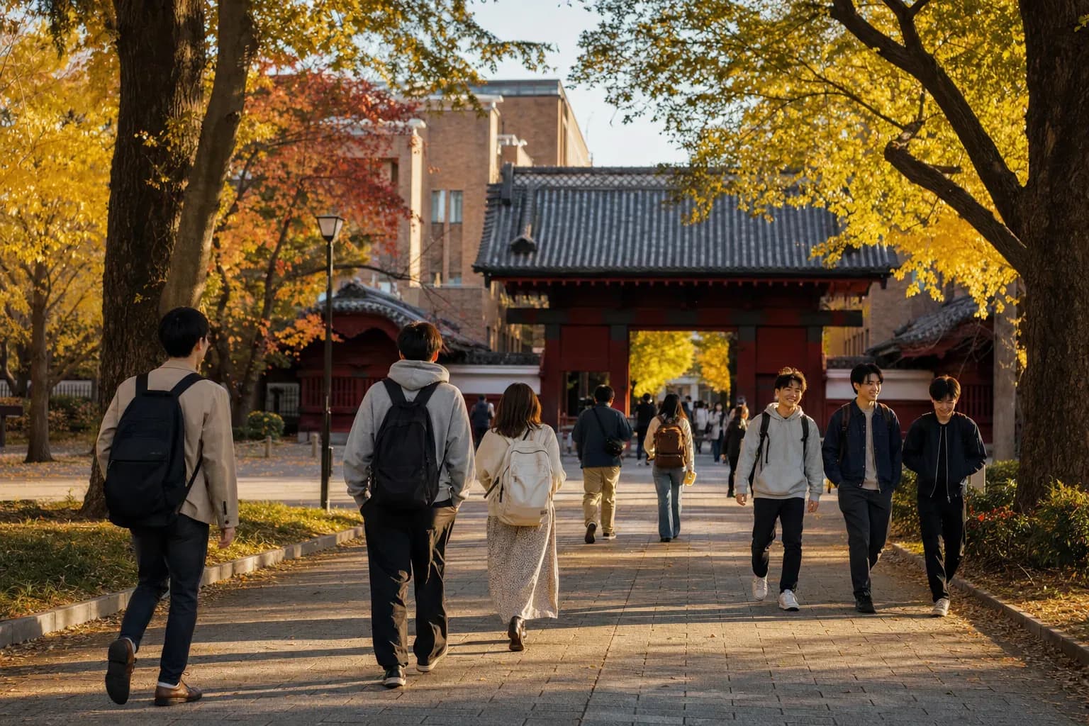 A realistic campus photograph of the iconic landmarks of University of Tokyo with students walking