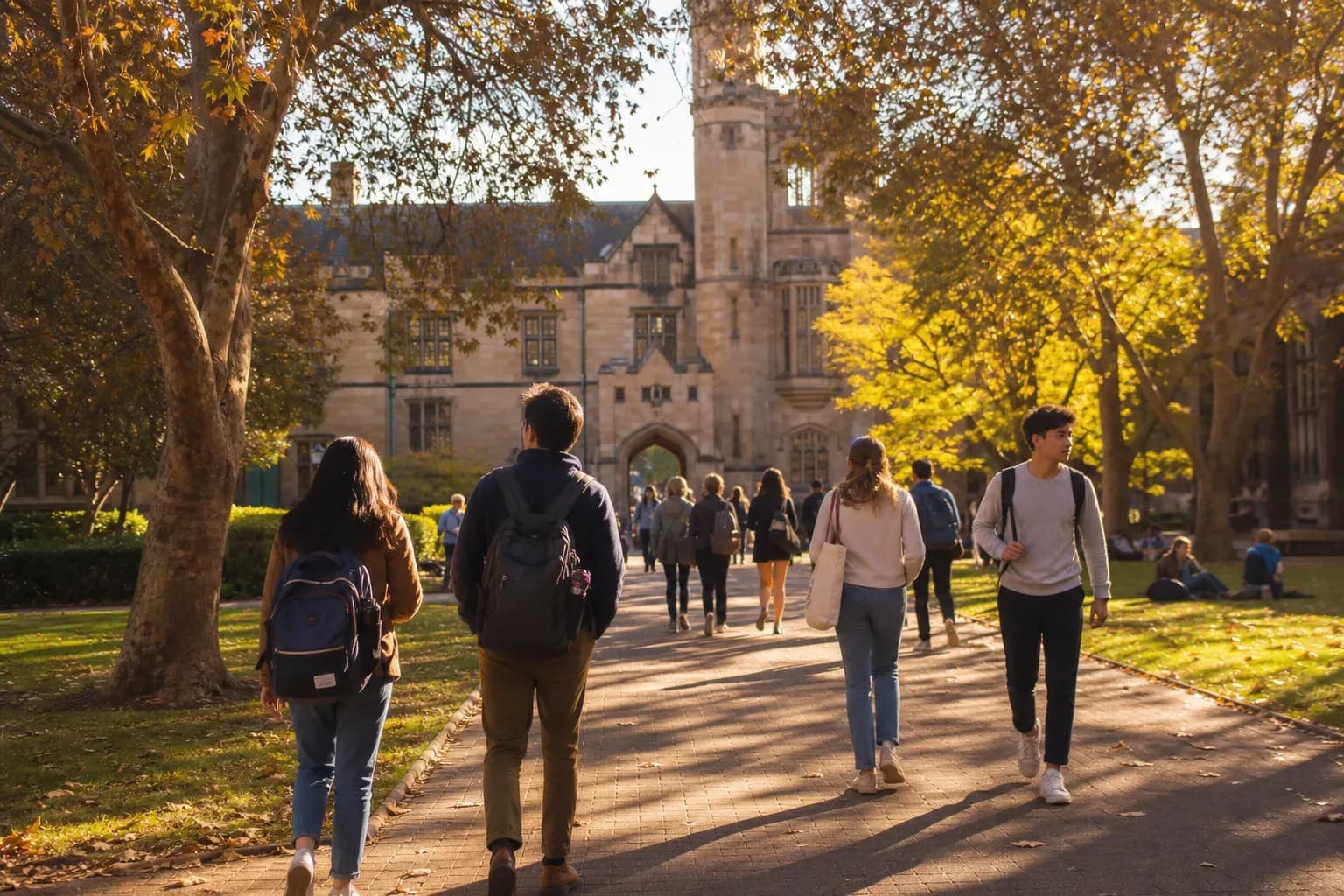 A realistic campus photograph of the iconic landmarks of UNSW Sydney with students walking
