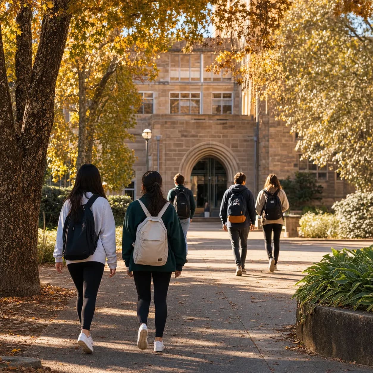 A realistic campus photograph of the iconic landmarks of University of Wollongong with students walking
