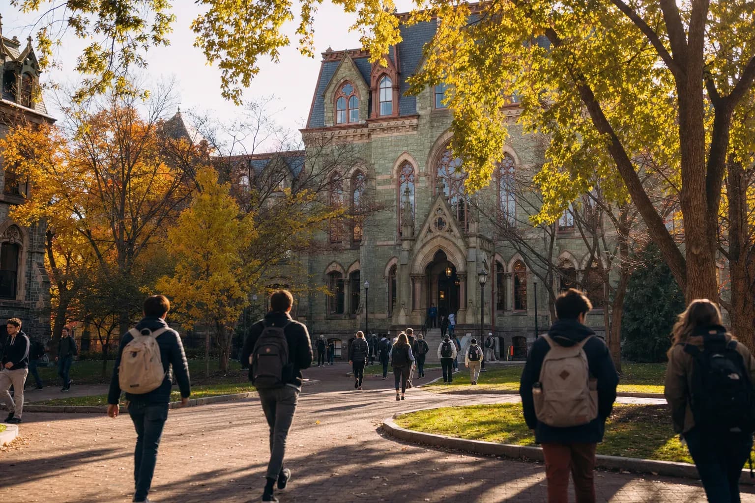 A realistic campus photograph of the iconic landmarks of University of Pennsylvania with students walking