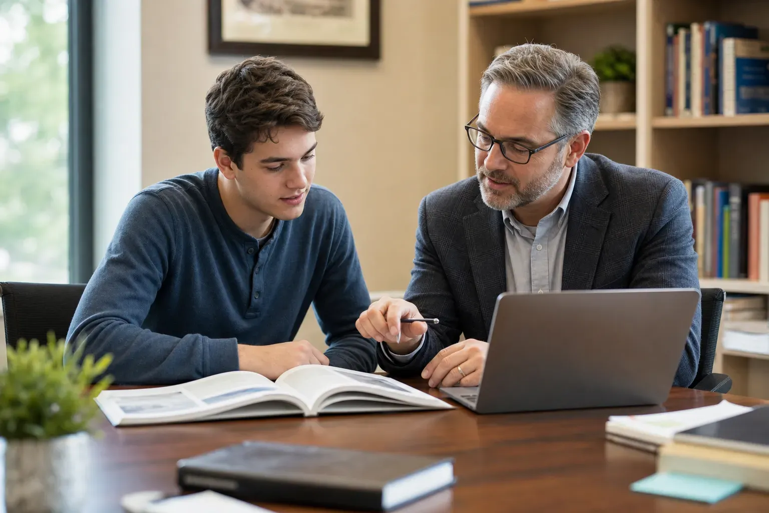 A student and a counselor discussing college application strategies in a modern office