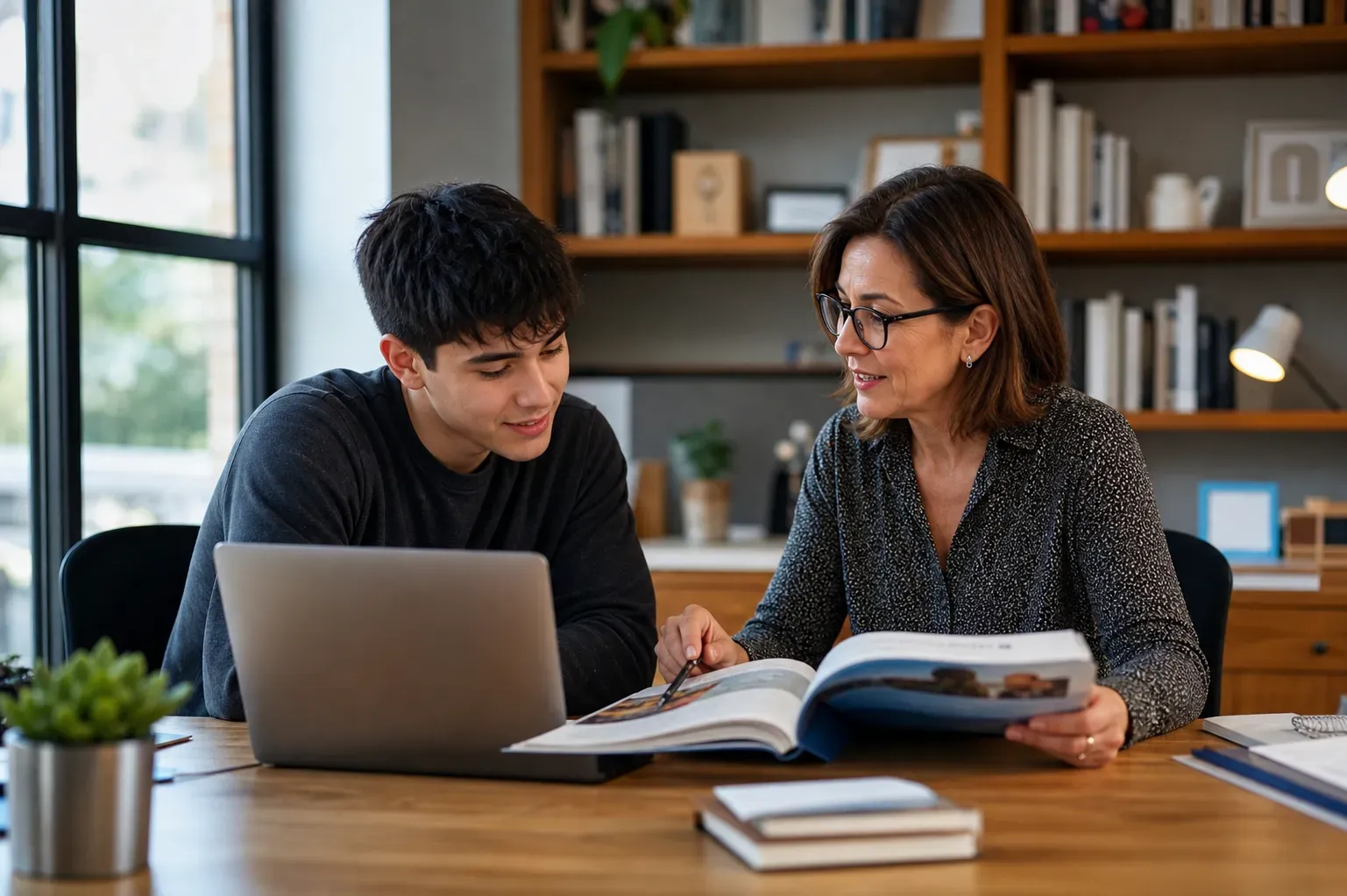 A student and a counselor discussing college application strategies in a modern office