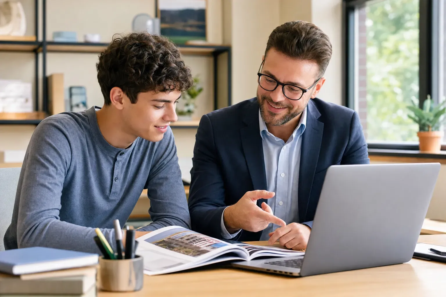 A student and a counselor discussing college application strategies in a modern office