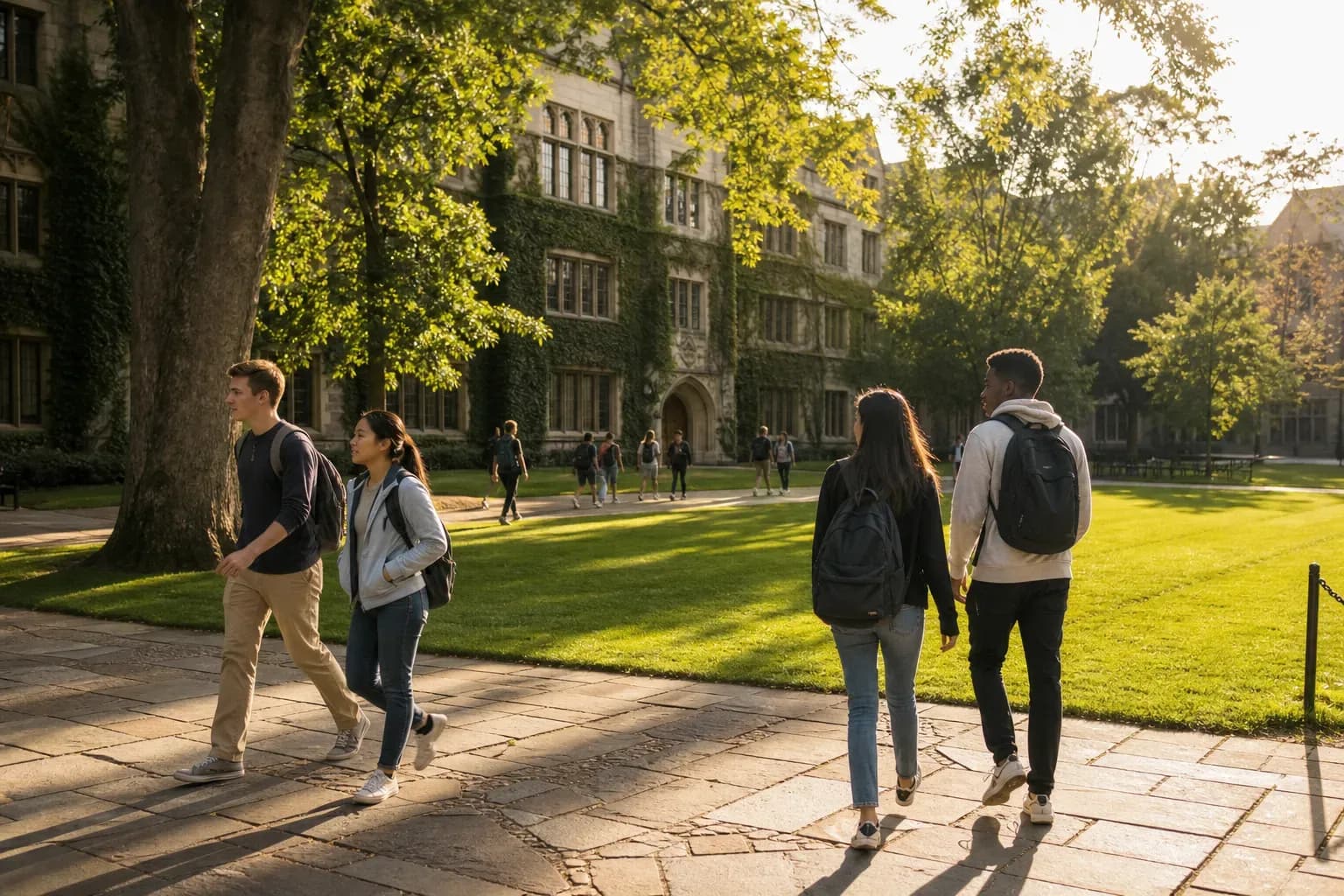 A beautiful and sunny university campus with students walking