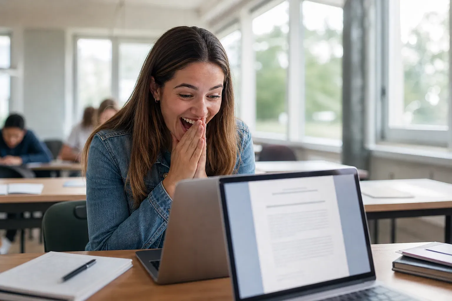 A joyful student receiving a scholarship award letter on a laptop in a bright classroom