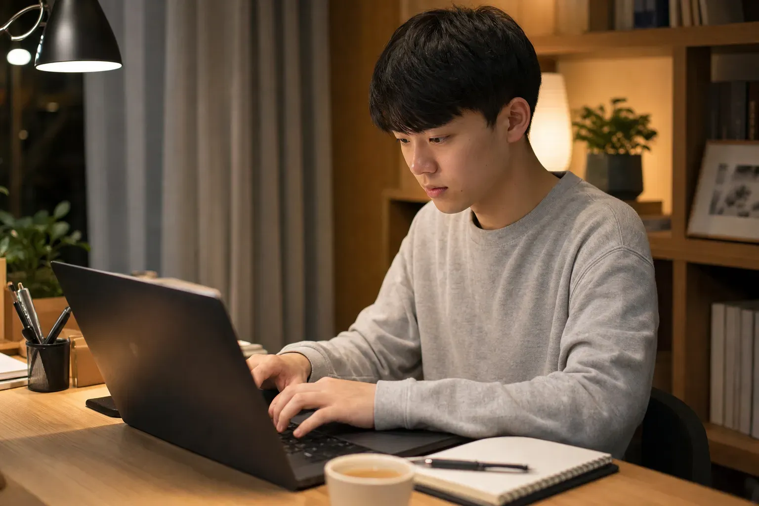 A focused student writing a college application essay on a laptop in a cozy study room