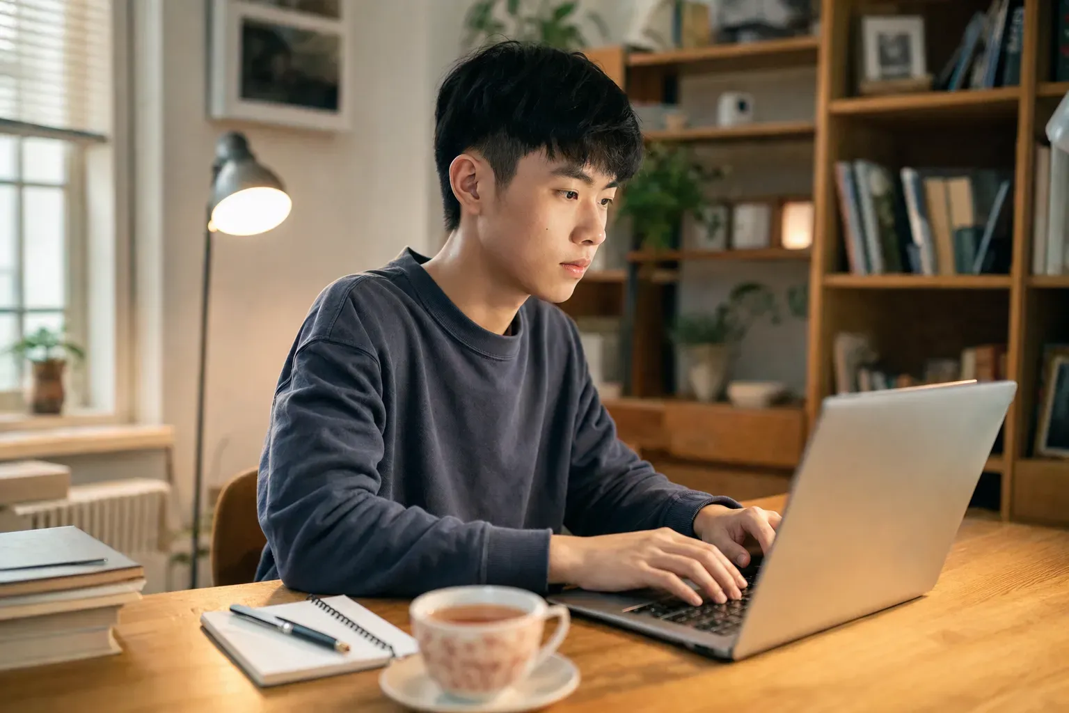A focused student writing a college application essay on a laptop in a cozy study room