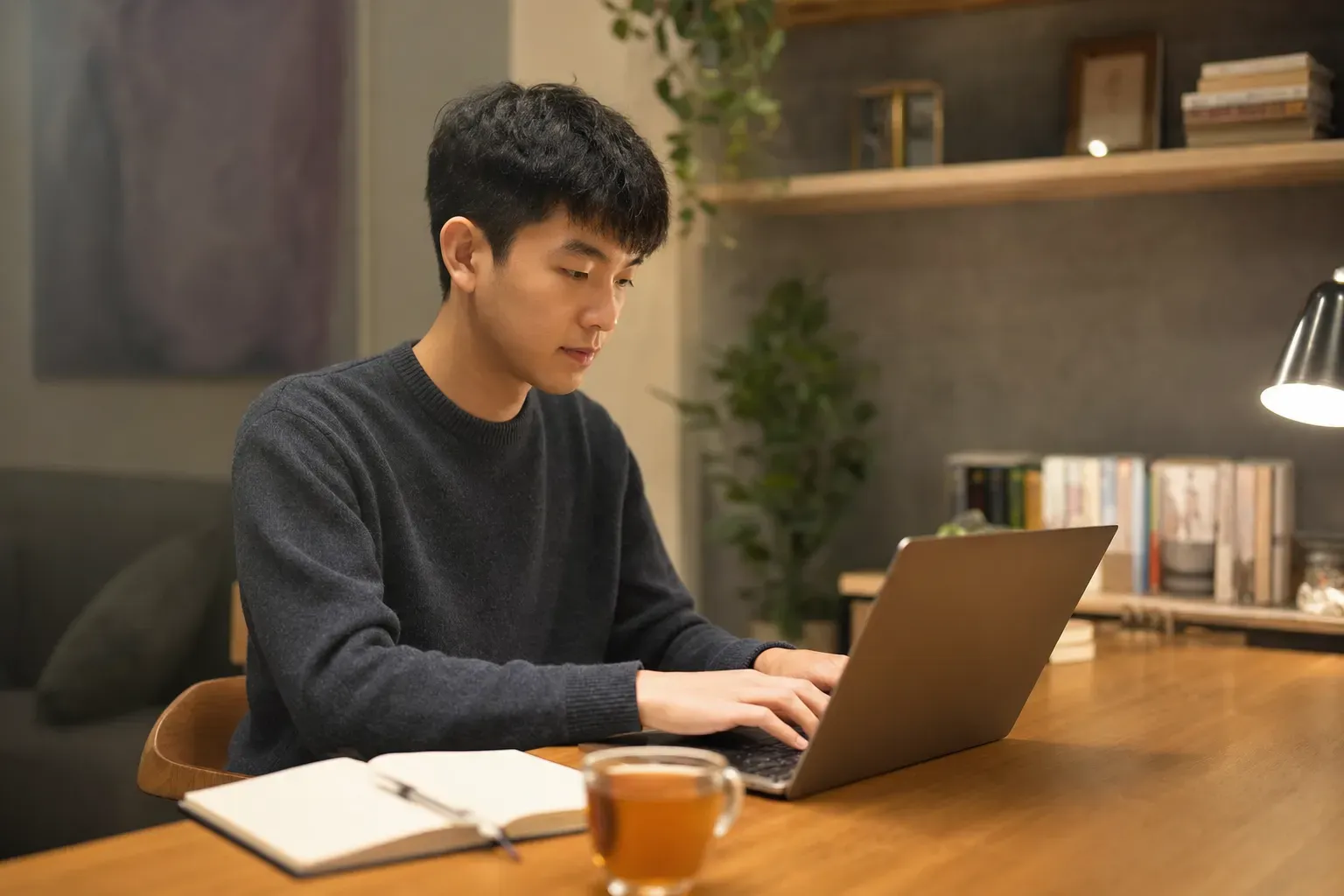 A focused student writing a college application essay on a laptop in a cozy study room