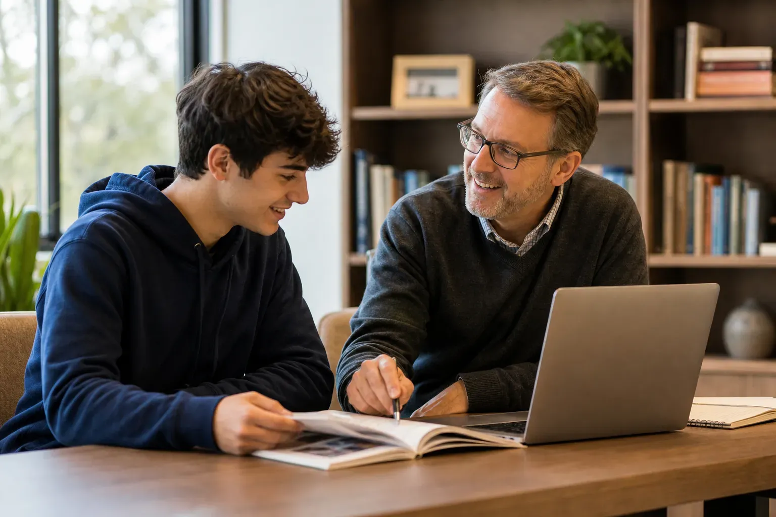 A student and a counselor discussing college application strategies in a modern office