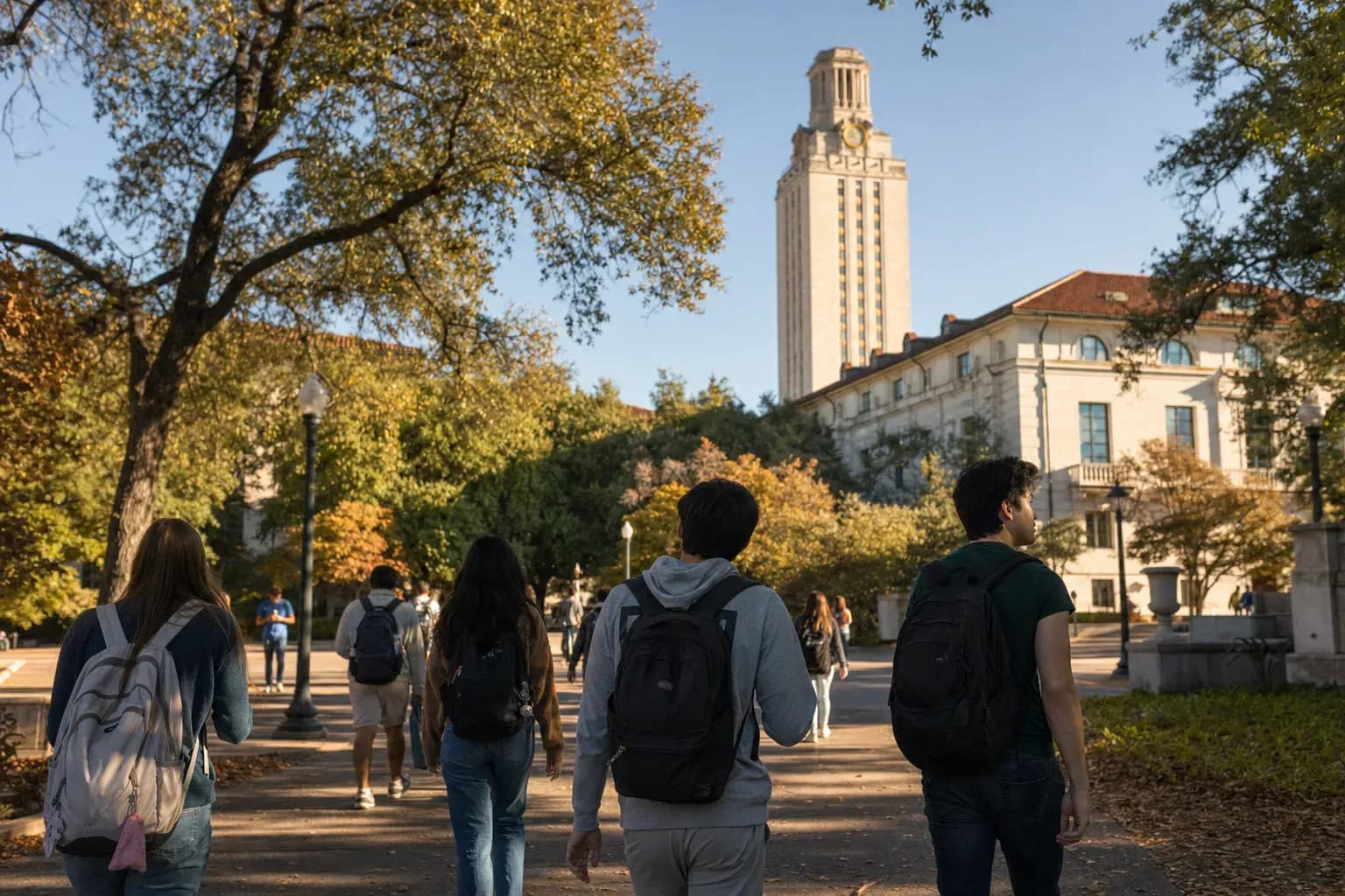 A realistic campus photograph of the iconic landmarks of UT Austin with students walking